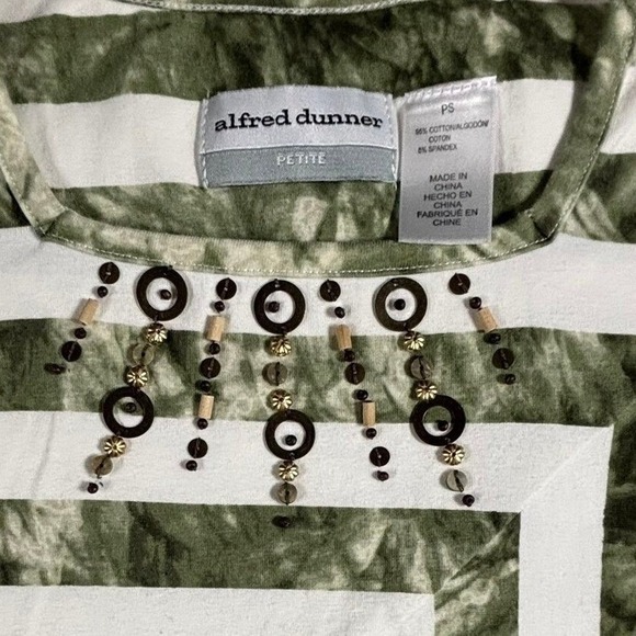Alfred Dunner Petite Striped Beaded Neckline‎ T-Shirt Top Green White Size PS - Picture 2 of 3